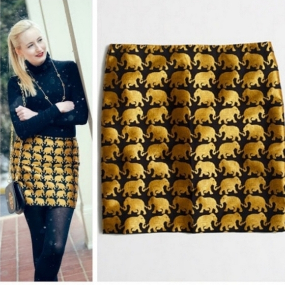 J Crew Womens Origami Elephant Parade Mini Skirt Size 2 Gold Black Chic Animal - Picture 1 of 5